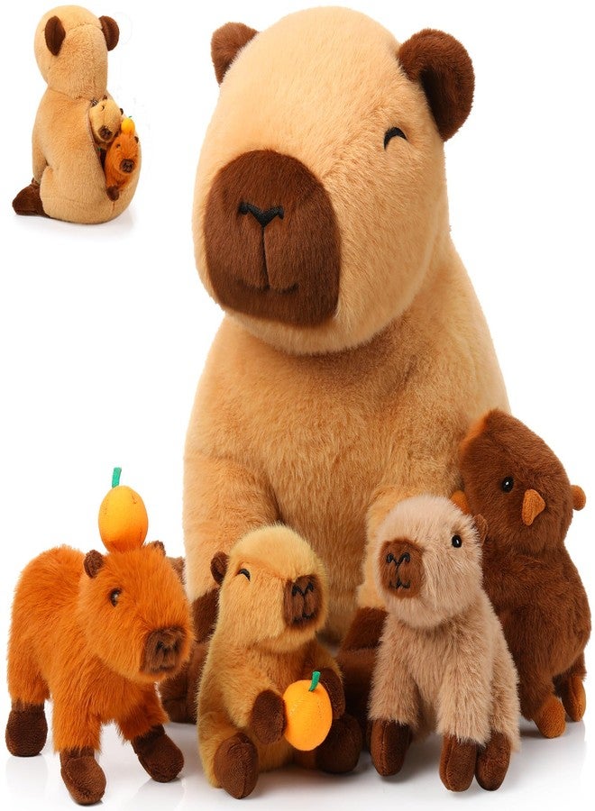 PullCrease 5-in-1 Capybara Stuffed Animals 15.75'' Capybara Mommy with 4 Cute Babies Set, Plush Pillow for Girls Boys Birthday Valentines Gift(Sitting) - Image 1